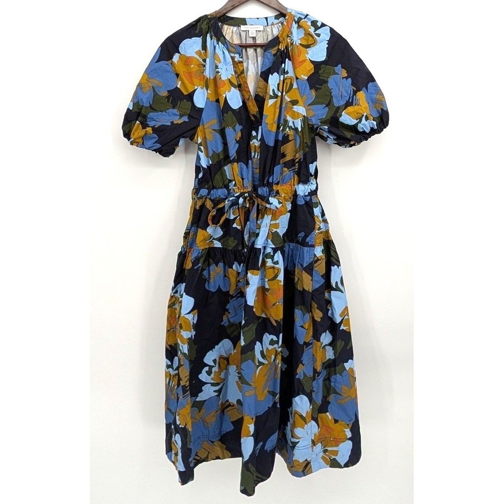 Free Assembly Floral Puff Sleeve Tiered Cotton Midi Dress Blue Yellow Size S 4-6
